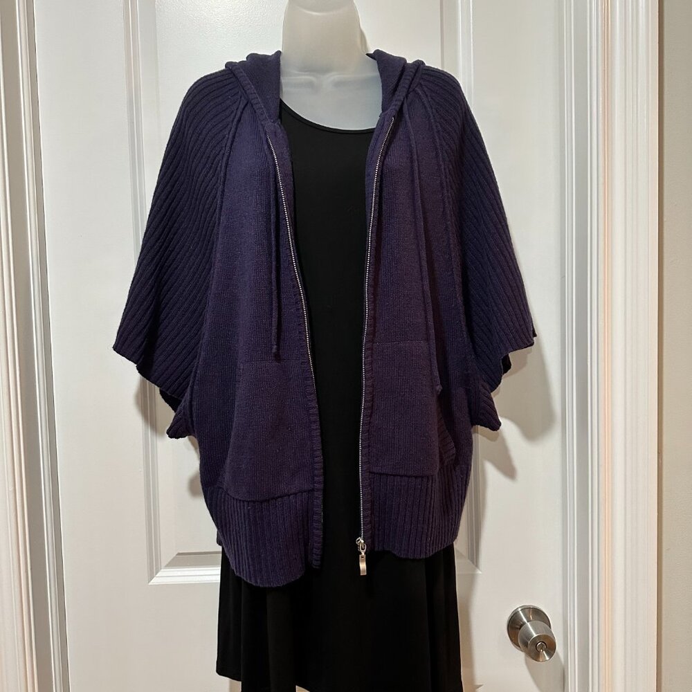 LOGIX Dark Purple Zip Front Short Sleeve Sweater w/Hoodie, Size L